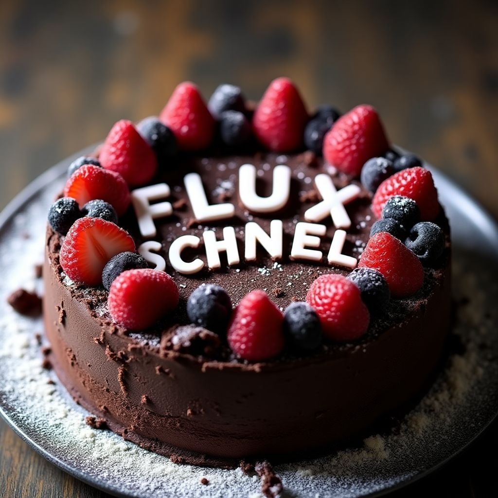black forest gateau cake spelling out the words "FLUX SCHNELL", tasty, food photography, dynamic shot