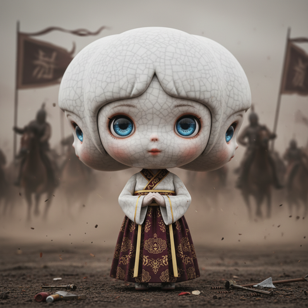 拟人化,Q版二头身,瓷质,小女孩,大脑袋,圆脑袋,宝石蓝的水灵灵的大眼睛,身穿马面裙,站如松,背景古代战场飞驰的战马和旗帜,微距镜头,肃杀,超多细节,超级氛围感,电影级镜头}-“瓷质”小女孩有点瓷器的质感