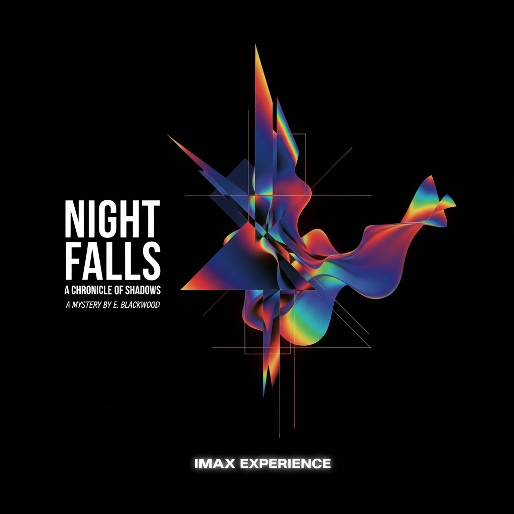 Film noir poster, dramatic chiaroscuro lighting with deep shadows and stark highlights, fluid abstract composition featuring prismatic color transitions and precise geometric, set against a matte black background, bold white typographic hierarchy, cinematic color grading, high‑contrast visual hierarchy, IMAX‑quality detail, print‑ready 300 DPI CMYK with bleed margins.