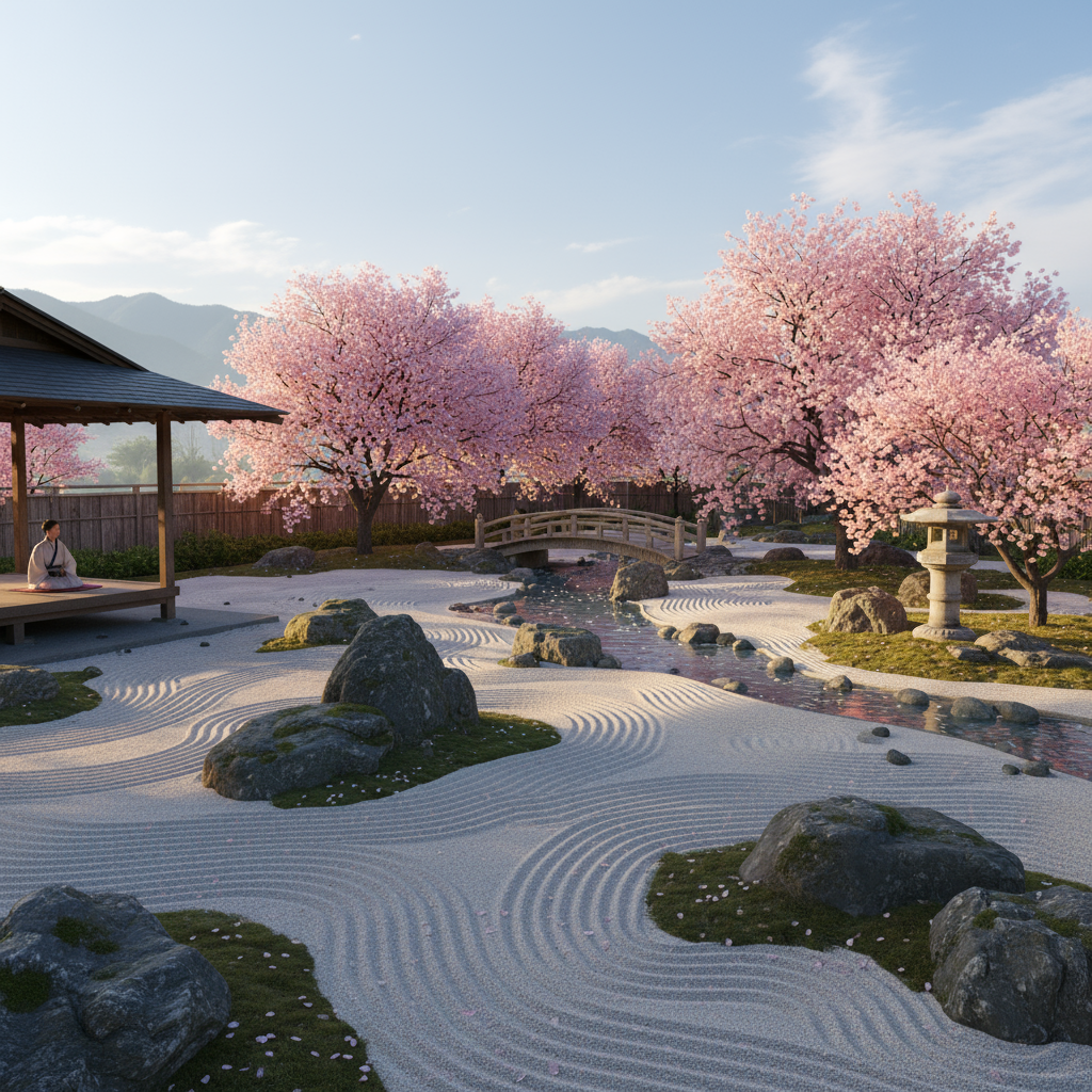 A peaceful zen garden with cherry blossoms