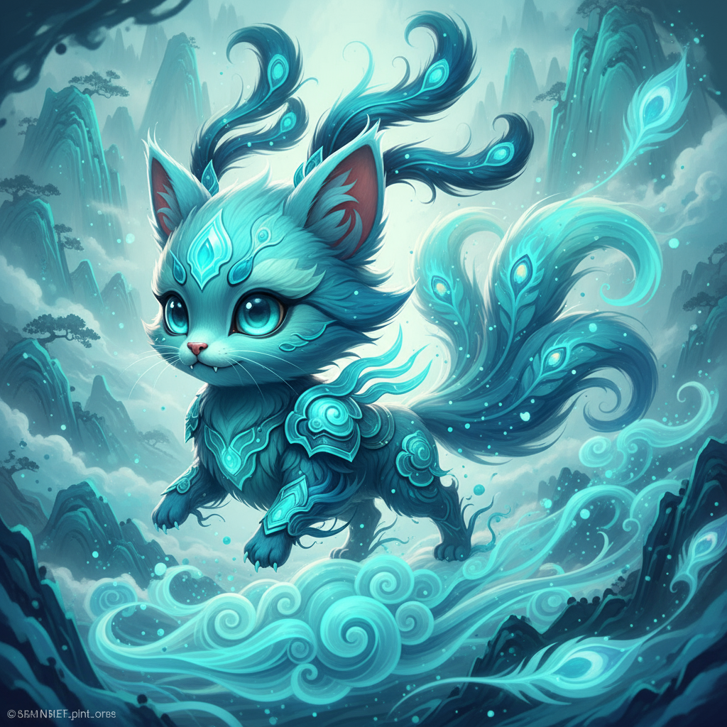 神兽有妖狐,猫和狐的结合体,小时候,Q版,狐头猫身,毛绒绒的,可爱的小牙,青色的大眼睛,灵动有神,头上长有华丽的青墨色尾巴,猫耳,毛发修长飘逸,部分肢体延伸出类似能量枝条的结构,极具幻想感。毛发颜色以青色为主,淡绿色和深蓝色为辅。尾巴毛发蓬松飘逸。身体关键部位饰有青色能量战甲。身体周围散发着像水花一般的青色的能量,飘动着大面积粒子能量。超现实主义风格,中式美学,大面积能量飘动,灵动,优雅,可爱,逼真,真实摄影,山海经风格,水墨风,3d建模,cg风格,虚幻引擎渲染,极致细节,超清。变成凤凰