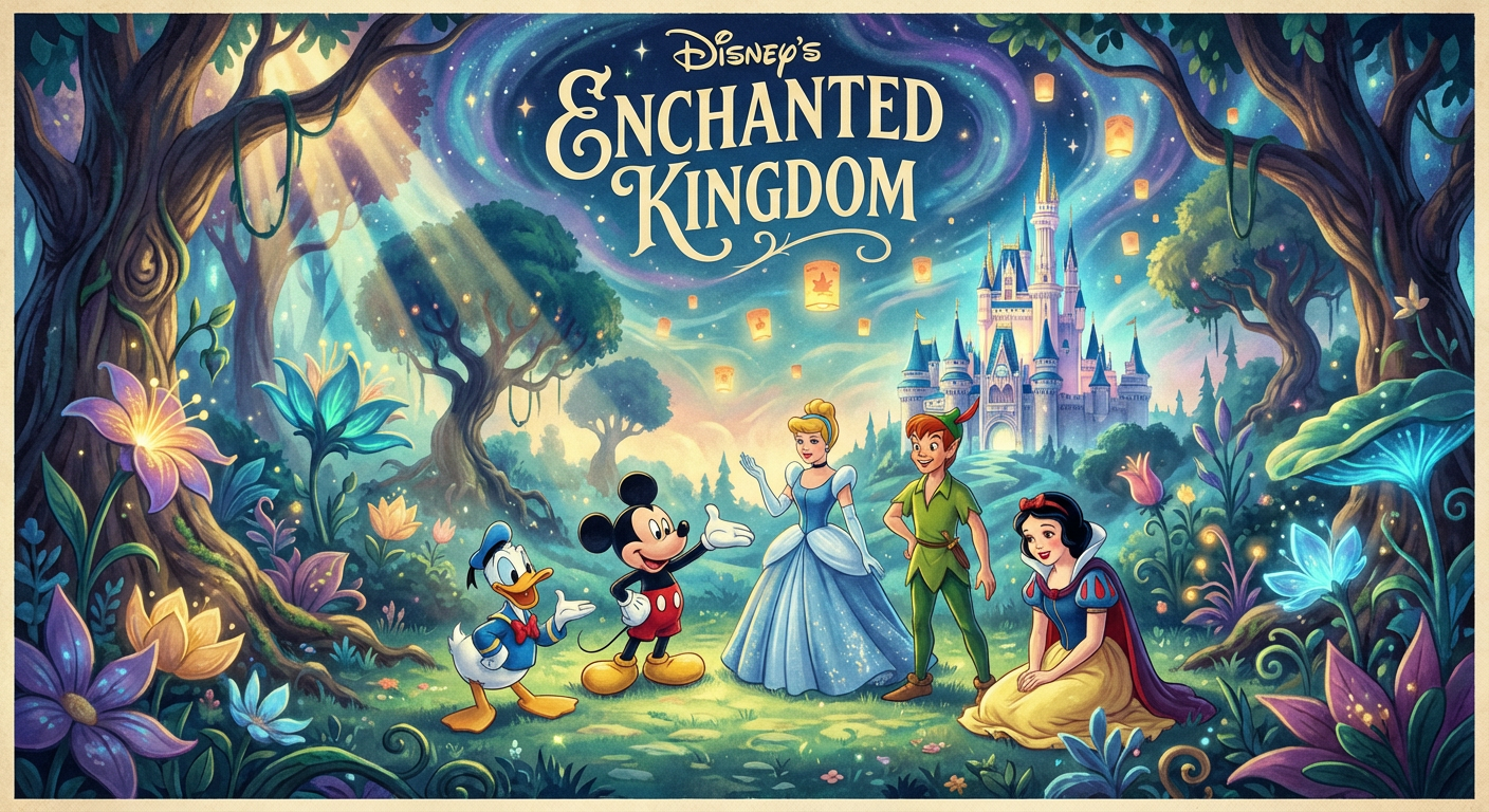 A vibrant and enchanting Disney poster, featuring iconic characters in a whimsical and magical setting, illuminated by soft, dreamy lighting, with a rich color palette that captures the essence of classic Disney films, in the Midjourney style.