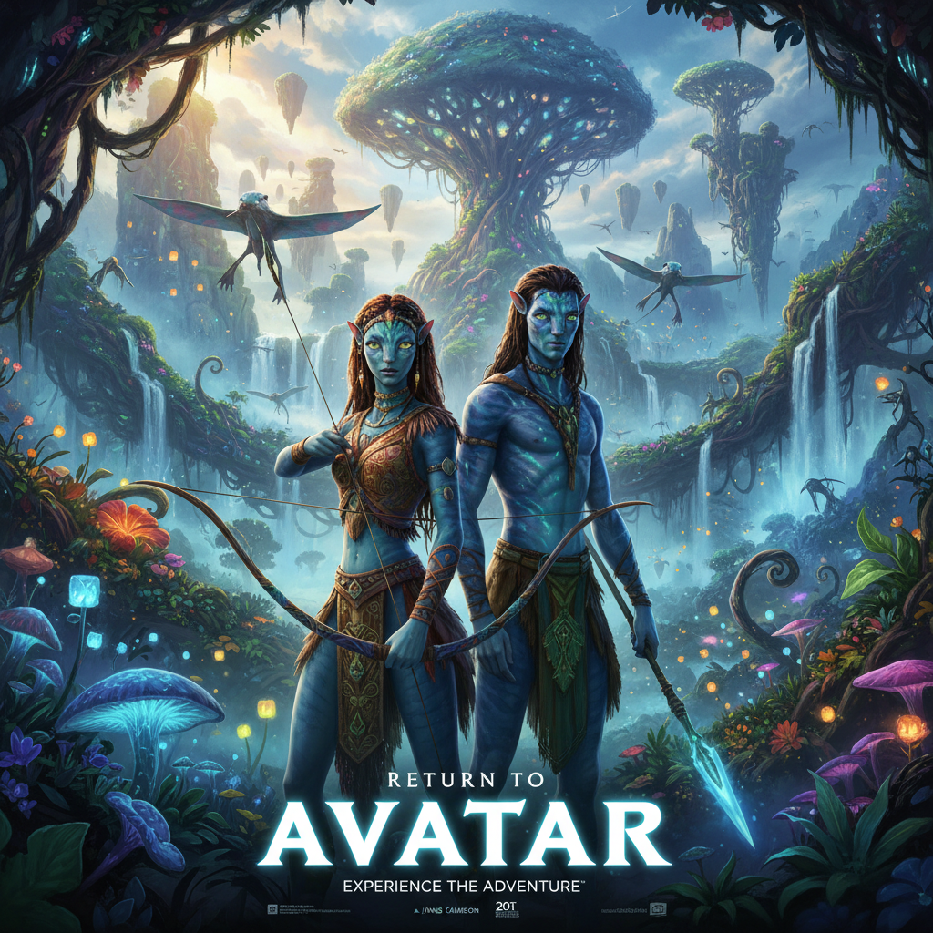 A vibrant and dynamic movie poster for "Avatar," featuring the lush, bioluminescent landscapes of Pandora, with intricately detailed Na'vi characters in the foreground; their expressive eyes and tribal attire illuminated by soft, ethereal lighting, capturing the mystical and adventurous essence of the film; Midjourney style with a focus on depth, color contrast, and immersive atmosphere.