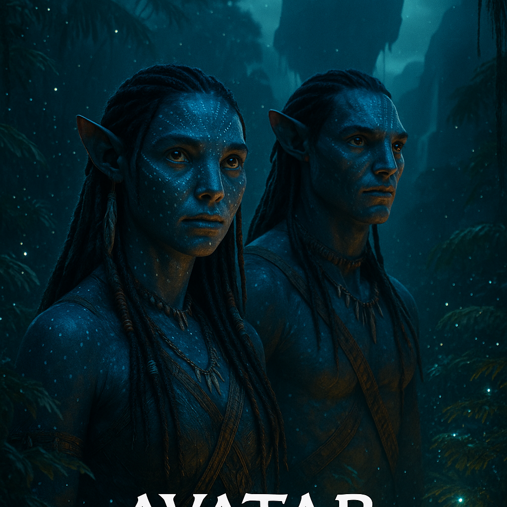 A cinematic, high-contrast sci‑fi movie poster for “Avatar”: lush, bioluminescent Pandora jungle at night; two intricately detailed Na’vi in the foreground with luminous skin markings, tribal attire, and expressive eyes; soft ethereal rim lighting; floating mountains and waterfalls in the misty background; drifting glowing spores; deep atmospheric perspective; vibrant teal–indigo palette with warm accent highlights; dynamic composition, volumetric god rays, crisp detail, immersive depth, filmic color grading