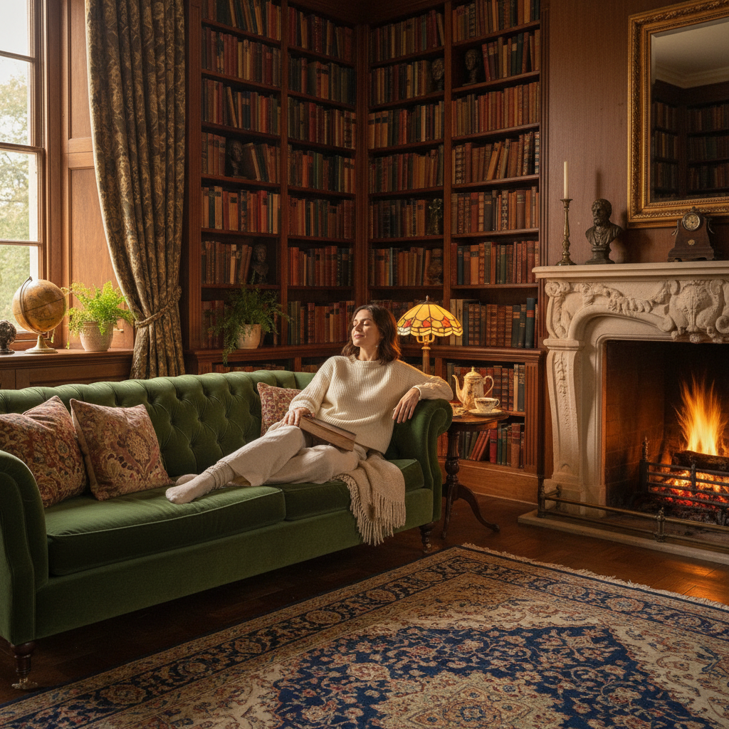 A woman in comfortable attire lounges on a vintage sofa in a richly decorated room filled with books, elegant decor, and a warm, inviting atmosphere, exuding elegance and relaxation.