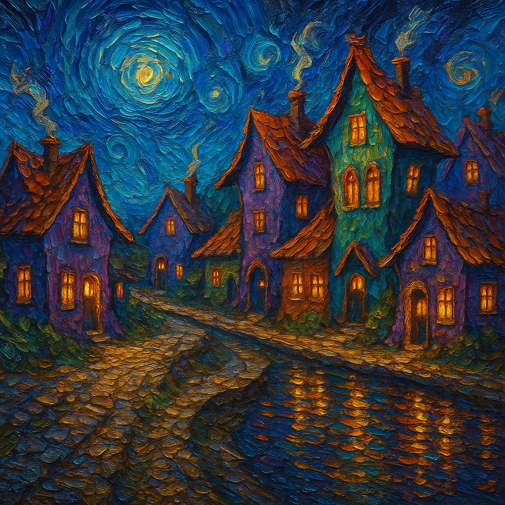 A highly textured impasto oil painting depicts a fanciful village of crooked, colorful houses nestled alongside a river under a vibrant, swirling night sky. The houses, rendered in shades of purple, blue, and green, have bright orange and red tiled roofs and warmly lit windows and doors, suggesting coziness within