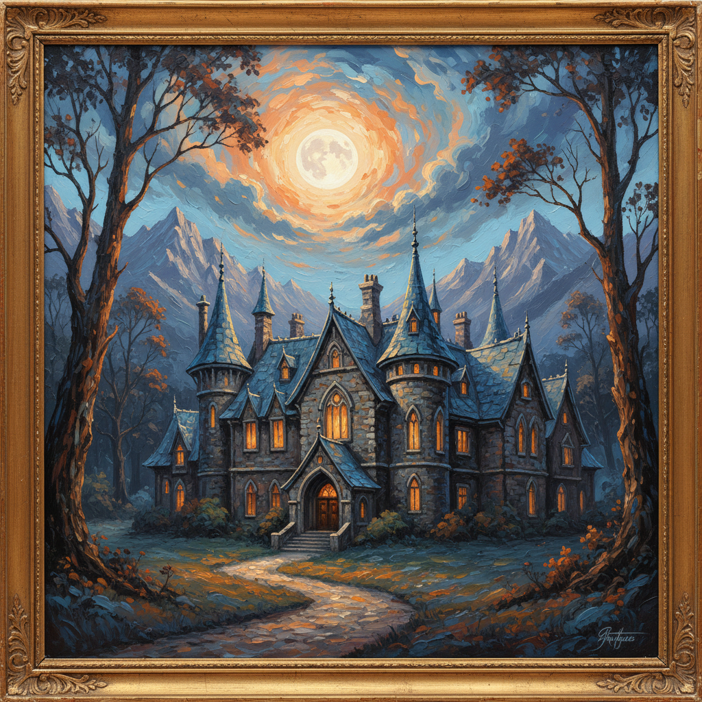 An oil painting depicting a magnificent mansion with numerous towers and dormer windows, featuring a bright full moon and mountainous terrain in the background, a path leading to the entrance of the house, and trees adorning the landscape, showcasing a color palette dominated by blues, oranges, and grays at different saturation