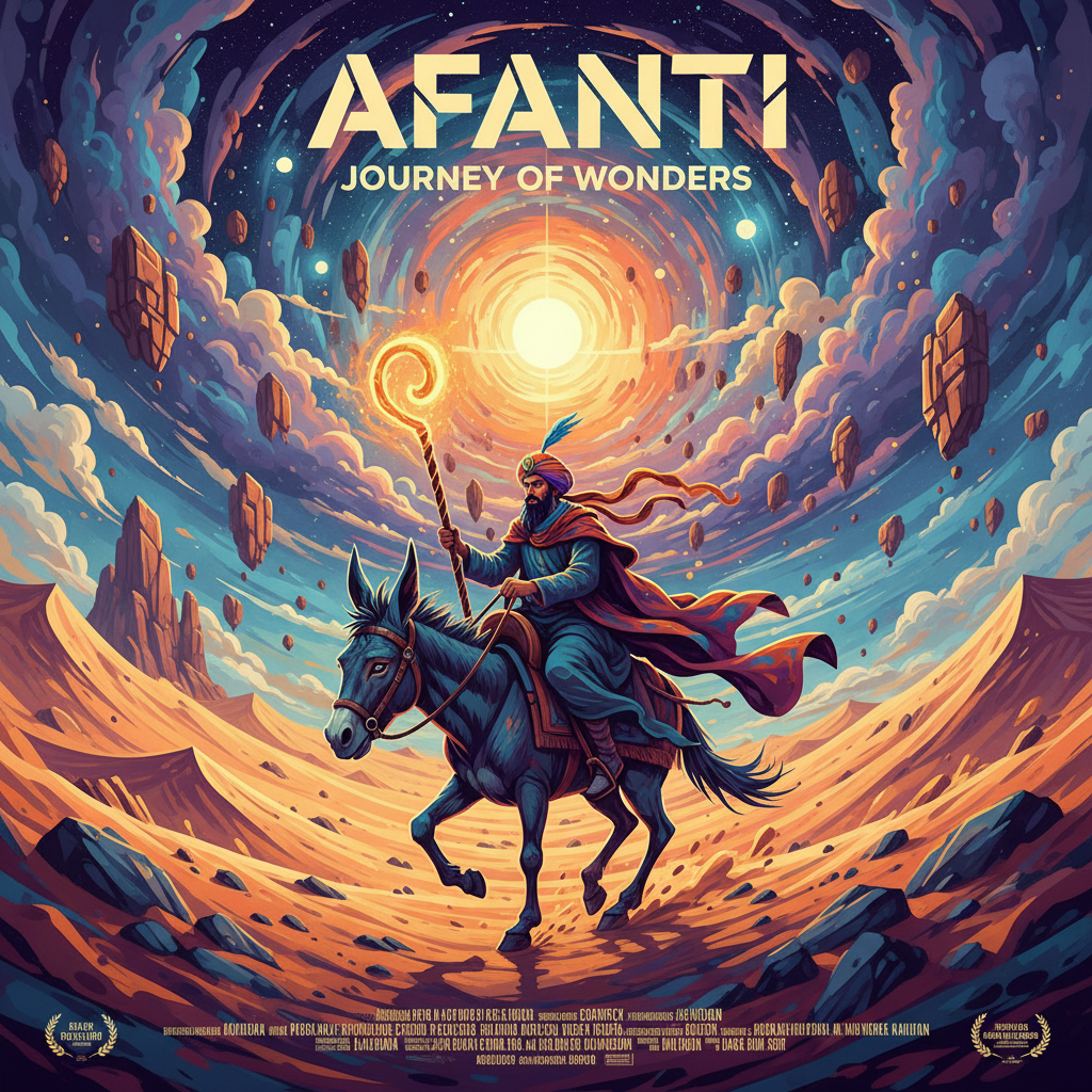A vibrant Flux-style movie poster featuring Afanti, set against a dramatic desert landscape with swirling sands and a mystical twilight sky. The composition should include dynamic lighting and bold colors, capturing an adventurous and mythical atmosphere.