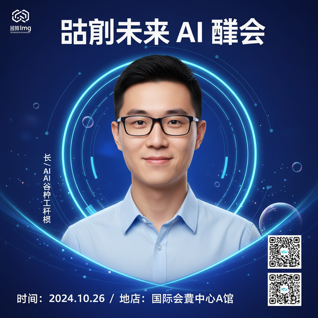 GenImg AI 风格，纵向海报构图，一名年轻亚裔男性半身肖像居中，头顶到胸部的胸像构图，面带温和微笑，短黑发，戴矩形黑色眼镜，穿淡蓝色纽扣衬衫，皮肤质感细腻自然，眼神自信，面部细节清晰，镜片有自然反光，高质量人像修图但保留真实皮肤纹理；背景为深蓝到紫色的科技渐变主题，带有发光的青蓝色圆环和流动的光带、散布微小粒子与半透明气泡，营造未来感与数字化氛围；画面左上角留白位置放置品牌标志，顶部用大号白色粗体中文标题位置，左侧竖排白色名字与职称区块，右侧下方包含两个二维码占位，底部以白色立体大字展示活动名称与时间地点信息，整体色彩对比强烈但和谐，使用柔和正面主光加微弱背光勾勒轮廓，浅景深产生细腻背景散景，高分辨率、摄影级写实质感、锐利面部细节与光泽、现代科技会议宣传海报视觉风格。