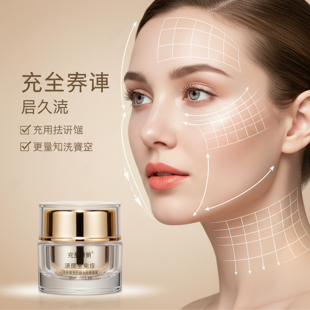 GenImg AI风格，高端护肤广告海报，画面为右侧三分之二特写的女性侧脸三分之四视角，年轻成熟女性皮肤白皙细腻、妆感自然，嘴唇淡珊瑚色，眉眼清晰，头发向后梳理露出耳廓，脸部覆盖半透明白色网格和虚线箭头示意提拉与填充效果；左下前景是一个带金色金属镜面旋盖的透明护肤霜罐（标贴简洁、中文品牌感），罐体反光真实、材质感强；左上角有大号中文标题和三行带勾选图标的文案布局作为设计元素。画面光效为高调柔光工作室摄影，主光为大软箱柔和填充，背光/边缘光微微勾勒面部轮廓，皮肤有自然光泽与微弱镜面高光，细节保留毛孔与肤质但整体经美肤后期修饰（频率分离风格），色调温暖米色渐变背景，构图干净、留白充足，情绪高级、可信、温和疗愈，画质超高分辨率、超写实、商业广告级锐度与细节，85mm人像镜头感、浅景深、精致色彩分级，整体风格现代简约、医学美容与奢华护肤结合。