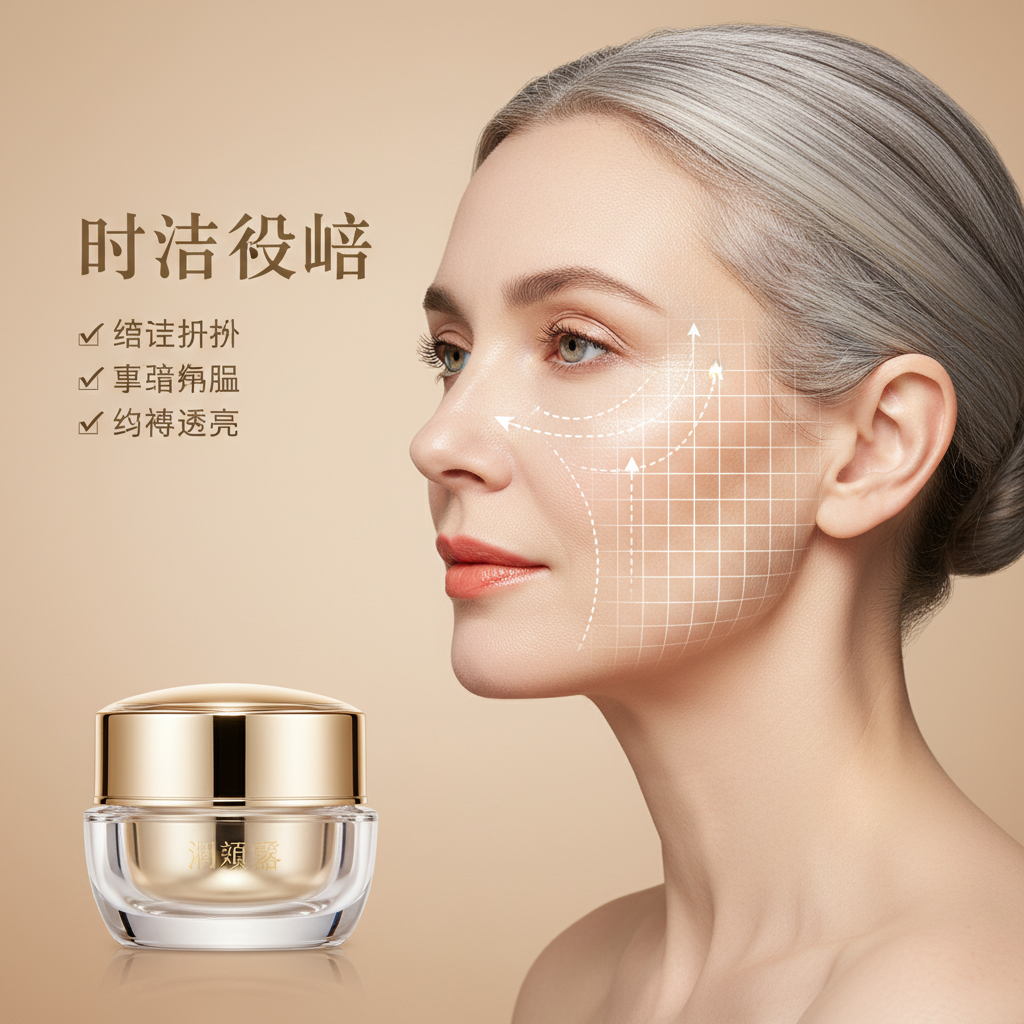 A high-end skincare advertisement poster in the style of GenImg AI featuring a modern, mature woman's side profile in three-quarter view, occupying the right two-thirds of the frame. Her skin is fair and smooth, with natural makeup, coral lips, and clear eyes. Her hair is sleeked back, revealing her ear, with a semi-transparent white grid and dotted arrows indicating lifting and filling effects on her face. In the left foreground, there's a transparent skincare cream jar with a gold metallic mirror cap and minimalistic Chinese branding, reflecting realistic light with strong material texture. The upper left corner displays a large Chinese title and three lines of text with checkmark icons as design elements. The image is shot in high-key soft light studio photography, with a large softbox providing gentle fill light and backlighting/edge lighting subtly outlining her facial features. Her skin has a natural glow with faint mirror highlights, and details like pores and texture are preserved but retouched using frequency separation. The background is a warm beige gradient, with a clean composition and ample negative space. The mood is sophisticated, credible, and gently therapeutic, with ultra-high resolution, hyper-realistic, commercial-grade sharpness and detail. The image captures the essence of an 85mm portrait lens with shallow depth of field and exquisite color grading, combining modern minimalism with medical aesthetics and luxurious skincare.