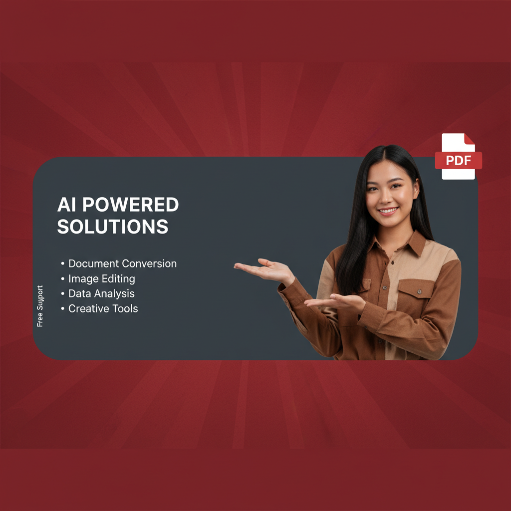 商业网站横幅广告，GenImg AI 风格，高解析度宽横幅构图；画面右侧为半身年轻女性模特，不可识别身份特征，长直黑发，温暖自信的微笑，穿咖啡色/土色纽扣衬衫，双手自然指向画面左侧，姿态友好亲切；人物肤质细腻真实，发丝有自然光泽，衣料为哑光棉质质感；左侧为深石板灰圆角信息面板，留出大量负空间用于文案，面板内使用干净白色粗体标题（示例文案“i Love PDF”可替换），下方以简洁圆点列出功能要点，左侧垂直小字标注“Free Support”，版式简洁现代；右侧偏上位置放置红白扁平风格PDF文档图标，与深红纹理背景形成强烈对比；背景采用鲜艳红