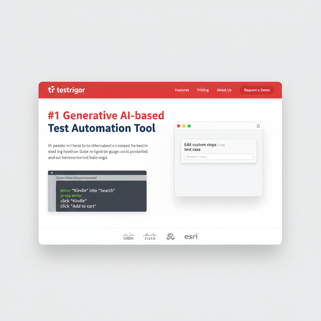 高分辨率现代SaaS产品网页着陆页截图风格，干净白色背景与大胆红色点缀，正面平视构图，左侧大号标题“#1 Generative AI-based Test Automation Tool”以醒目的红色和深蓝色粗体排版，顶部有红色横幅与左上角红白相间的 tR testRigor 品牌标志，右上角红色圆角“Request a Demo”按钮和简洁导航栏，页面主体左侧为介绍性正文段落与灰色代码块示例（包含 enter "Kindle" into "Search" press enter click "Kindle" click "Add to cart" 等步骤），代码块为深灰背景、绿色与白色字体高对比，右侧嵌入一个应用程序演示的浏览器窗口截图，带有轻微投影和圆角，窗口内显示“Edit custom steps test case”弹窗和可编辑文本区域，界面细节清晰可见、控件为类 Mac 风格圆点按钮，整体配色为白、鲜红、深海蓝和中性灰，底部留白处排列灰色客户徽标行（USDA、Cisco、esri 等风格化标志），画面风格现代、专业、极简且富有信任感，光线为高调均匀照明、细节锐利、文字与UI元素可读性极强，渲染为GenImg AI风格：超清、矢量化锐利边缘、柔和阴影、真实浏览器质感、适合展示