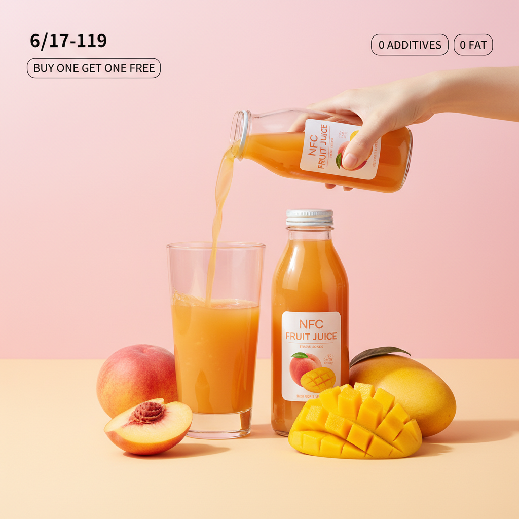 一张充满活力的饮料产品促销海报，背景采用柔和的粉色和橙黄色渐变，营造温暖清爽的氛围。画面中央展示NFC果汁饮料产品，包括透明玻璃瓶装的桃子汁和芒果汁，瓶身设计简洁现代，标签清晰可见。上方有一只纤细的女性手臂倾倒果汁到玻璃杯中，果汁呈现琥珀色液体，动作优雅流畅。周围散落新鲜的红桃、黄芒果等水果，其中芒果被切成网格状展示果肉质感。画面左上角标注促销日期"6/17-6/19"和"买一送一"的优惠文案，右上角有"0添加剂 0脂肪"的产品卖点标签。整体采用现代简约的平面设计风格，色彩鲜艳饱和，光影柔和，具有强烈的商业广告感和视觉冲击力，适合社交媒体和电商平台展示。