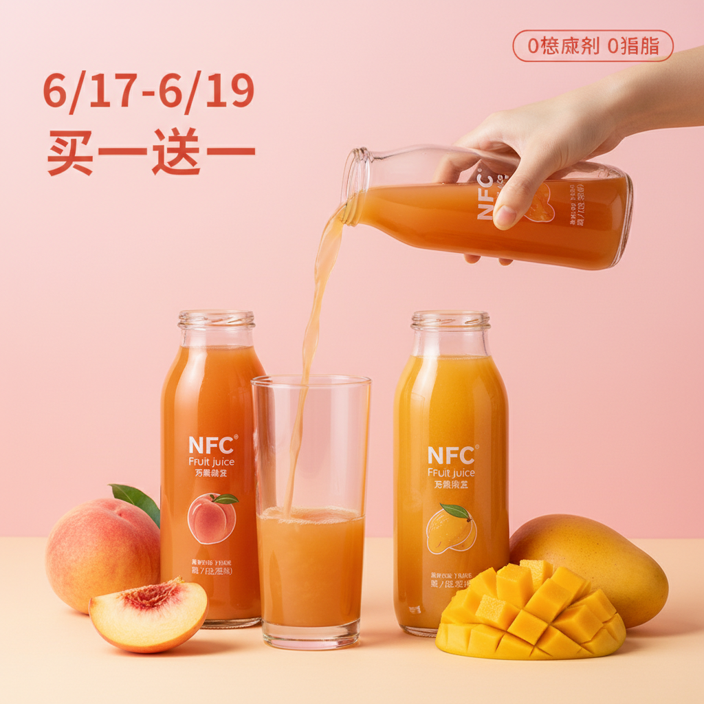 一张充满活力的饮料产品促销海报，背景采用柔和的粉色和橙黄色渐变，营造温暖清爽的氛围。画面中央展示NFC果汁饮料产品，包括透明玻璃瓶装的桃子汁和芒果汁，瓶身设计简洁现代，标签清晰可见。上方有一只纤细的女性手臂倾倒果汁到玻璃杯中，果汁呈现琥珀色液体，动作优雅流畅。周围散落新鲜的红桃、黄芒果等水果，其中芒果被切成网格状展示果肉质感。画面左上角标注促销日期"6/17-6/19"和"买一送一"的优惠文案，右上角有"0添加剂 0脂肪"的产品卖点标签。整体采用现代简约的平面设计风格，色彩鲜艳饱和，光影柔和，具有强烈的商业广告感和视觉冲击力，适合社交媒体和电商平台展示。