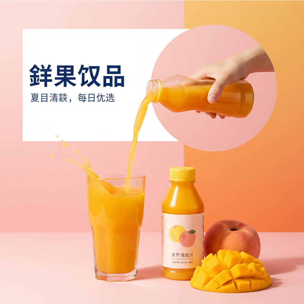 Modern commercial product photography style, GenImg AI aesthetic: A simple poster layout with a pink gradient background and warm orange color blocks. A large area of white space is reserved in the upper left corner for a bold, dark blue Chinese title and promotional information. The composition features a diagonal dynamic, with a circular cutout in the upper right where an arm extends out, holding a transparent plastic juice bottle. The bottle contains golden yellow juice with visible pulp, pouring into a tall glass on the lower left. The moment of pouring captures the fluid motion and splashing details clearly. In the right foreground, there is a small yellow plastic mango juice bottle with a minimalist illustration-style label featuring peach and mango graphics and small black text. Nearby, there are diamond-cut pieces of fresh mango and a plump, juicy whole peach, with strong texture details of the fruit skin and flesh. The lighting is high-key with soft main light and slight backlighting, highlighting the transparency of the juice and the glossy reflections on the glass and plastic bottles, creating delicate shadows and soft highlights. Texture details include liquid pulp, the gloss on the bottle cap, glass refraction, and the fine fuzz on the fruit skin. The lens is a medium focal length (equivalent to 50–85mm), with a slight overhead two-thirds angle and shallow depth of field (f/2.8–f/4), ensuring the subject is sharply in focus while the background is softly blurred. The overall atmosphere is vibrant, fresh, and modern, with a color palette unified in pink and warm orange tones, combining the feel of an advertising poster with the realism of photography. The image is ultra-high-definition, richly detailed, and suitable for commercial product display.