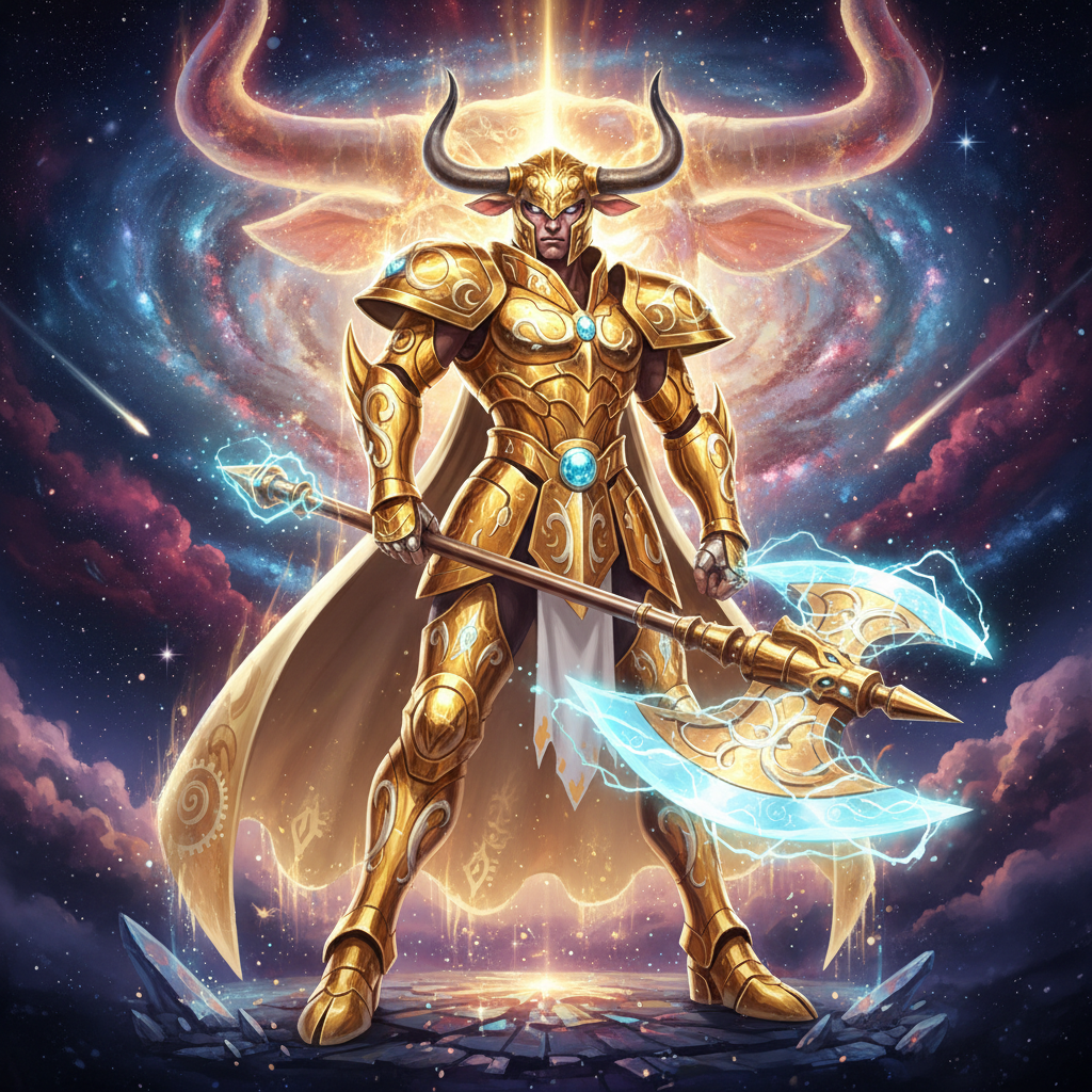 A majestic Taurus Saint in elaborate golden armor, standing confidently amidst a celestial backdrop, glowing with an ethereal light. The scene is infused with Flux style, emphasizing dynamic energy and intricate detail, capturing the essence of strength and mythic grandeur.