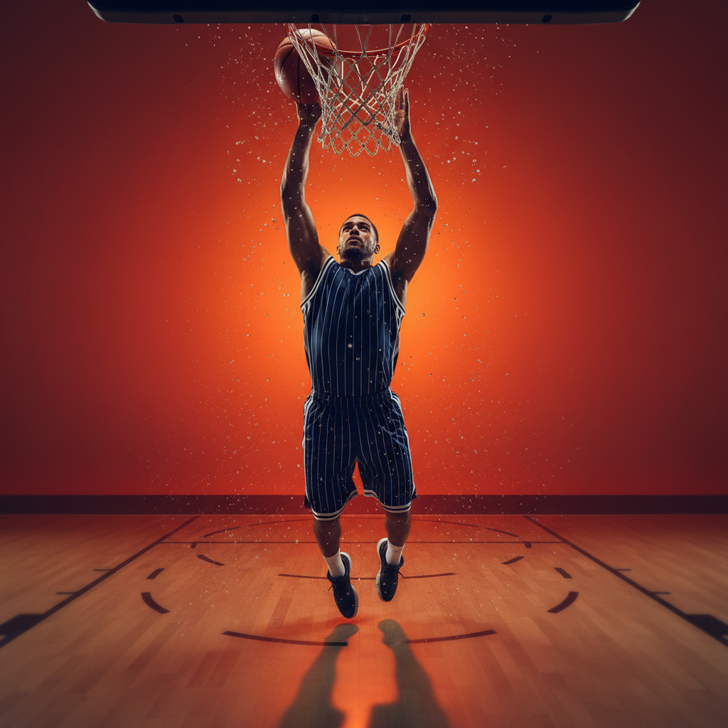 Athletic basketball player shooting above the rim, captured from low angle overhead perspective, muscular male athlete in navy and white striped jersey reaching upward with basketball, dynamic action shot with water droplets suspended in air, bright orange to deep red gradient background, professional sports photography, studio lighting with dramatic shadows on floor, vibrant saturated colors, sharp focus on player and ball, 50mm lens shallow depth of field, energetic composition emphasizing upward motion and athleticism, clean modern aesthetic with high contrast, motivational sports imagery style, GenImg AI professional quality.