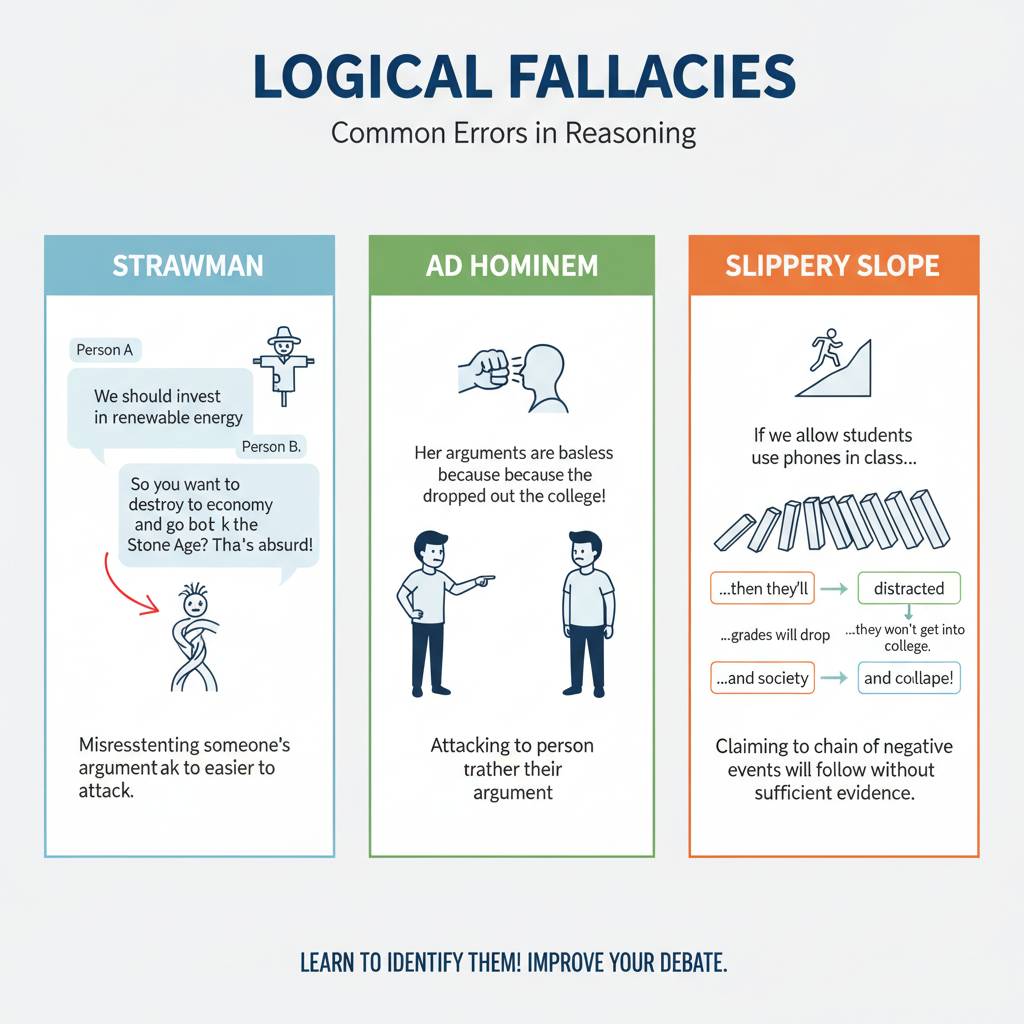 Make an infographic that explains common Logical Fallacies such as Strawman, Ad Hominem, and Slippery Slope