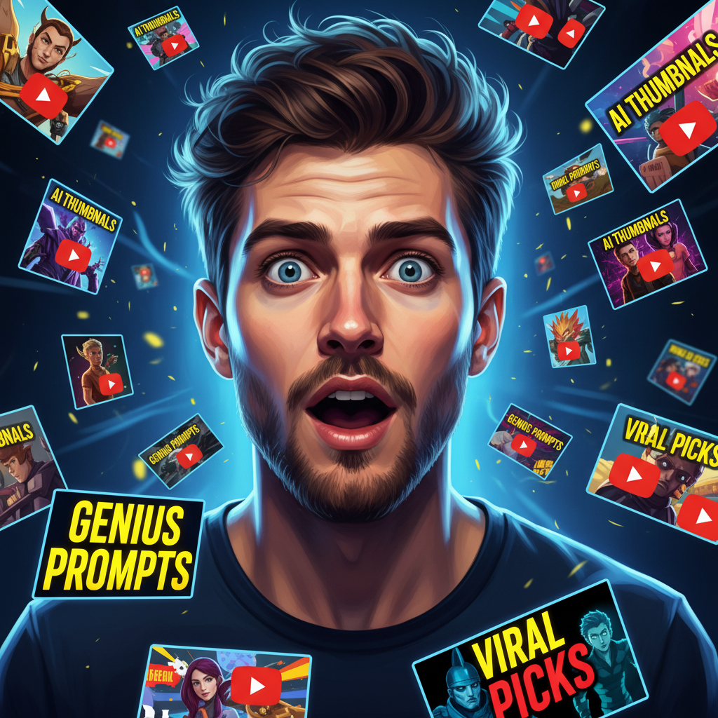 A hyper-realistic digital painting of a young man with wide, expressive blue eyes and mouth open in shock or amazement, illuminated by vibrant blue and yellow backlighting creating a dramatic contrast; his hair is tousled with detailed strands, and he has a well-groomed beard and mustache. Surrounding him are multiple small, colorful YouTube-style thumbnail images featuring diverse characters and bold text such as "AI THUMBNAILS" in bright yellow and white fonts with red play button icons, arranged in a dynamic collage style against a dark background. The composition uses sharp focus on the central figure with slight depth of field blur on thumbnails, evoking high energy and excitement. The style is modern, glossy, and saturated, characteristic of GenImg AI’s vivid, attention-grabbing digital art aesthetics.