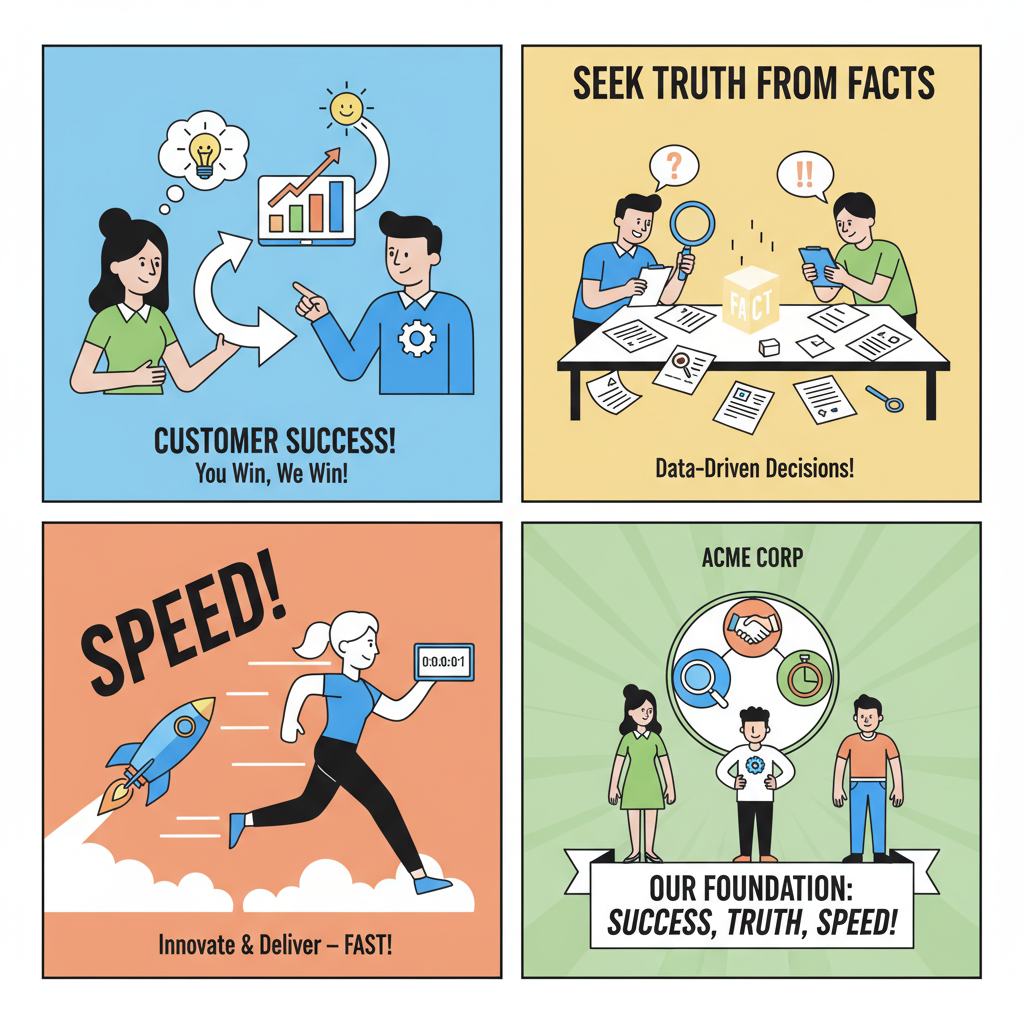 Create a four-panel comic that vividly illustrates the company’s three core values:
﻿
﻿
﻿
Customer Success 
﻿
Seek Truth from Facts 
﻿
Speed 
﻿
﻿
﻿
Style guidelines:
﻿
1.Keep the tone modern, energetic, and optimistic.
﻿
2.Each panel should represent one key value with clear storytelling and character interaction.
﻿
3.Use minimalistic visuals and short dialogue or captions to convey meaning.