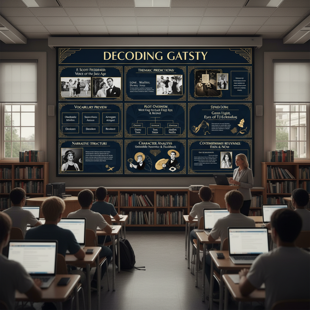 Create a college-level literary analysis deck for "The Great Gatsby": author background and Jazz Age context, thematic predictions, vocabulary preview (obstinate, supercilious, denizen), plot overview, character analysis, narrative structure, symbolism exploration, critical discussion questions, contemporary relevance, and analytical essay prompts