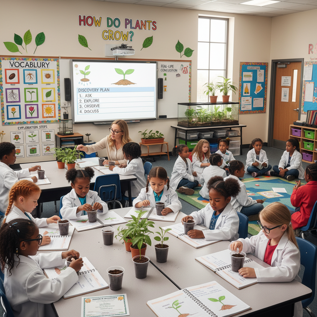 Design a plants science lesson for 2nd graders: "How do plants grow?" question, discovery plan, vocabulary with pictures, observation activity (planting seeds), predictions journal, exploration steps, findings discussion, real-life connections, and scientist certificate