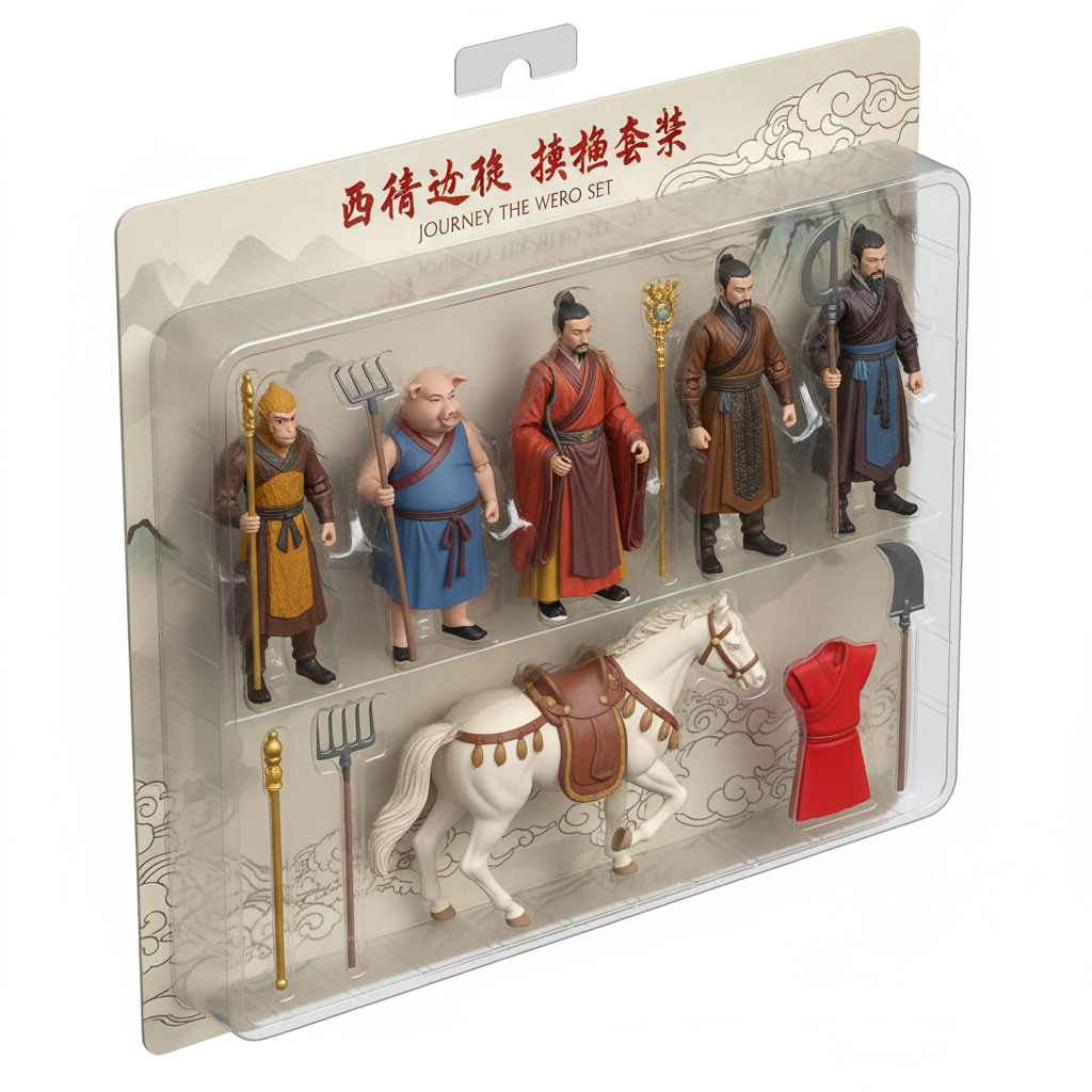 塑料动作人偶,包装里有一个孙悟空,猪八戒,唐僧,沙僧四人,西游记白龙马。包装顶部标有“xxxxxx”。印刷品,整套产品采用透明塑料泡罩包装,背景为中性,吸塑挂卡包装,写实主义风格。中国风,等距视角包装展示,真人比例。(套装还包括配件:自行填写)
