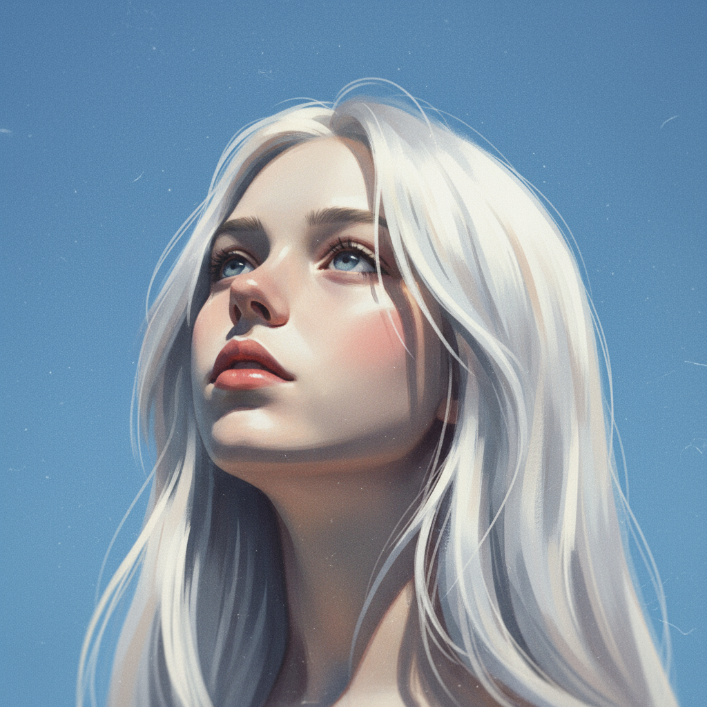 头像插画 五官特写 极致光影 逆光 白色长发 少女 45度仰望天空 蓝色纯色背景 笔刷画 笔触质感 虚焦 颗粒感 朦胧感 复古 做旧 极简主义