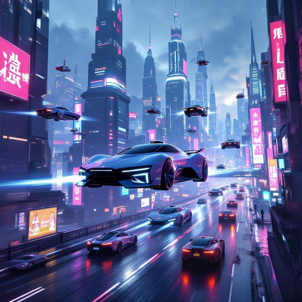 A futuristic cityscape with flying cars and neon lights