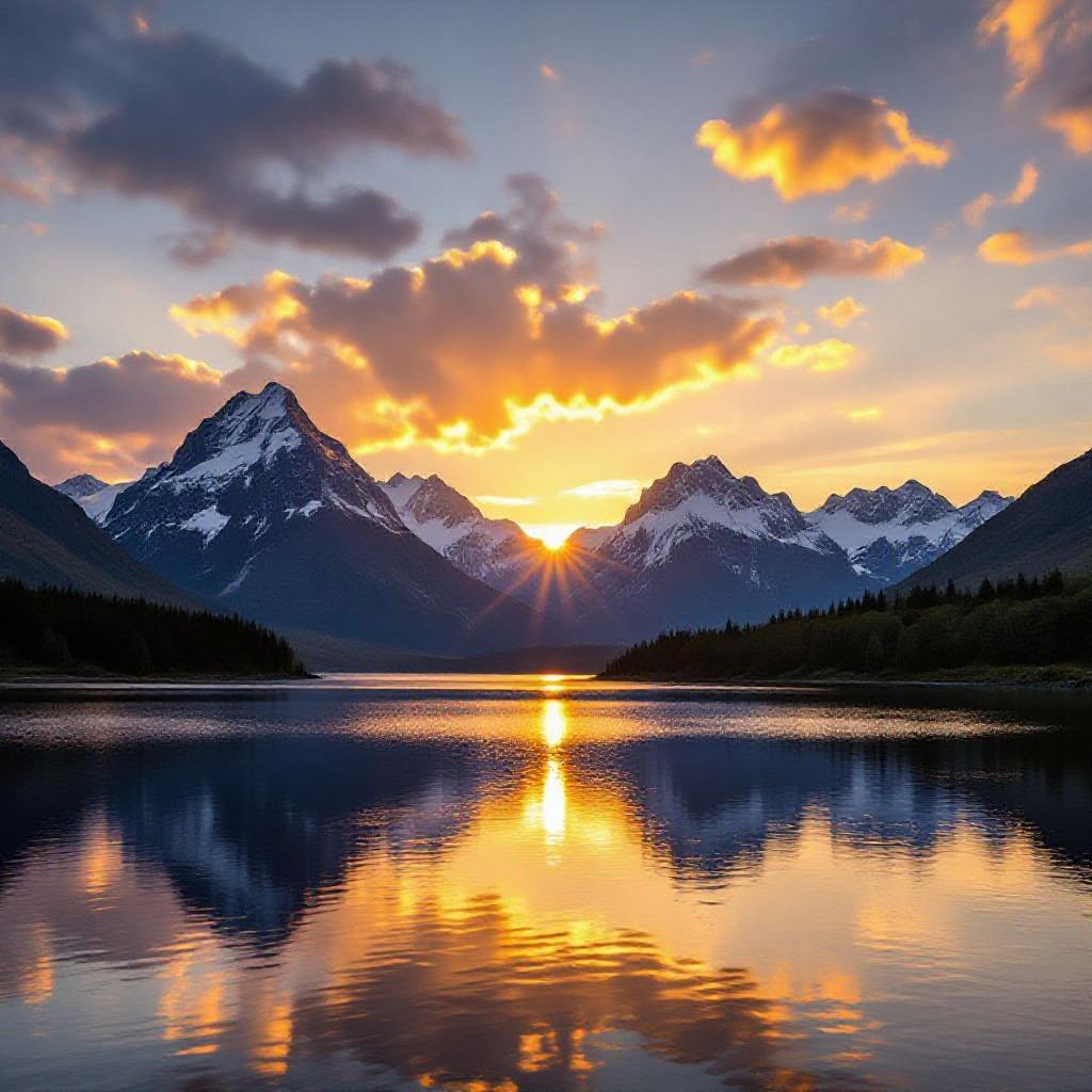 A beautiful sunset over mountains with golden clouds