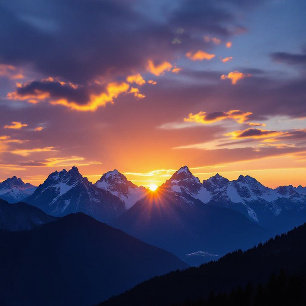 A beautiful sunset over mountains with golden clouds