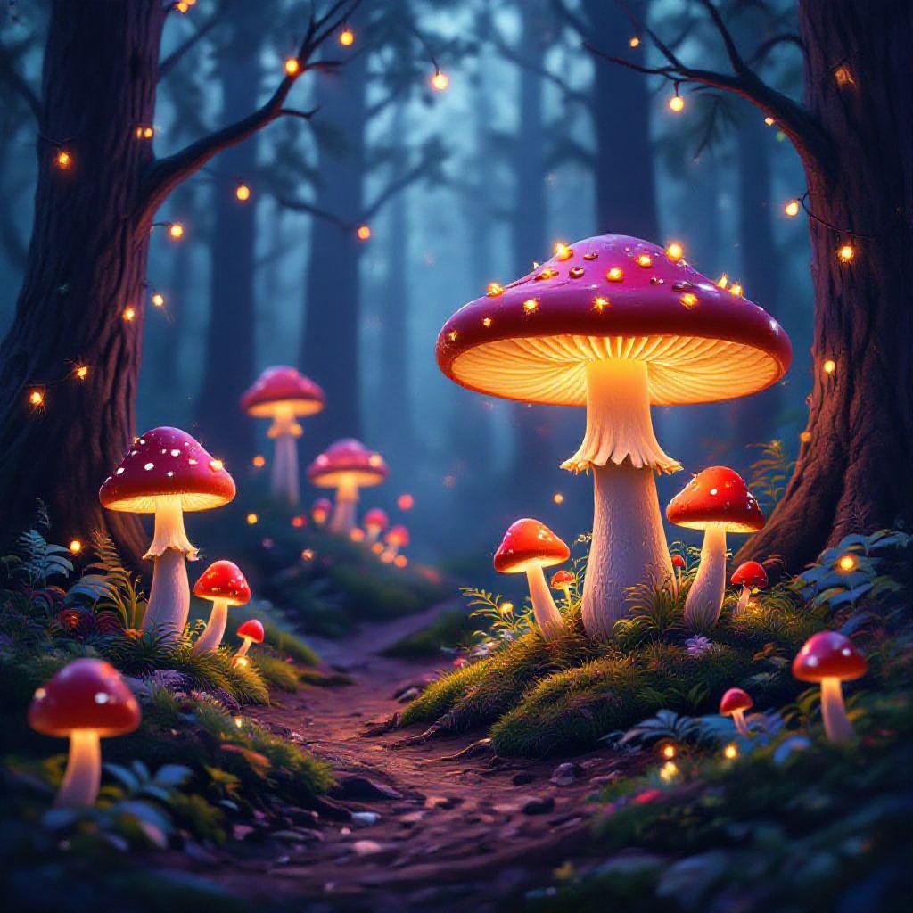 A magical forest with glowing mushrooms and fairy lights