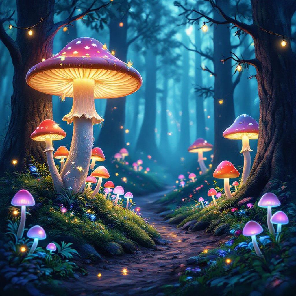 A magical forest with glowing mushrooms and fairy lights