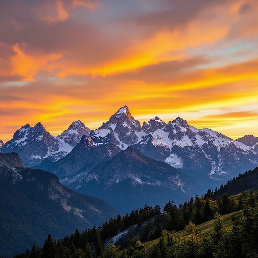 A beautiful sunset over mountains with golden clouds