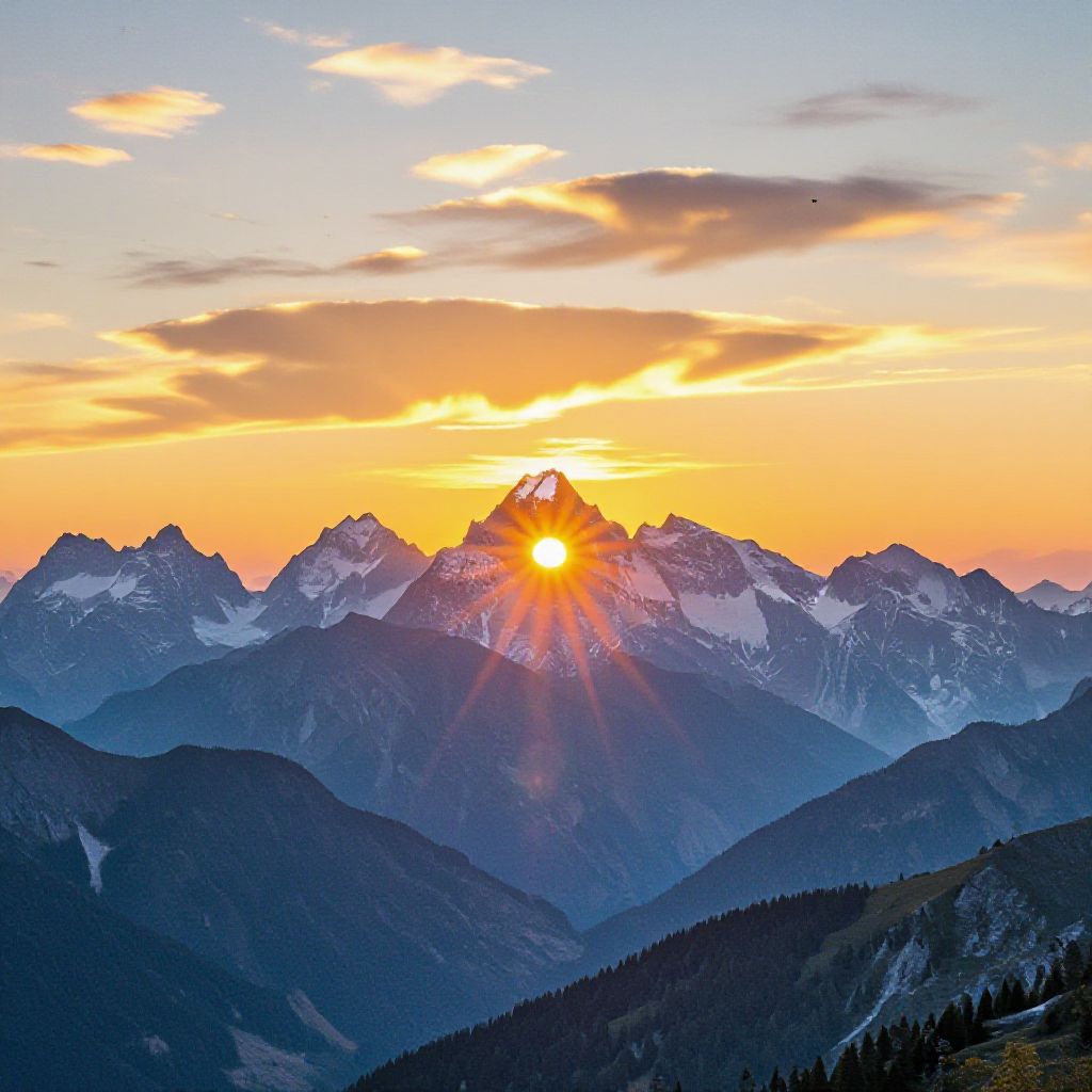 A beautiful sunset over mountains with golden clouds
