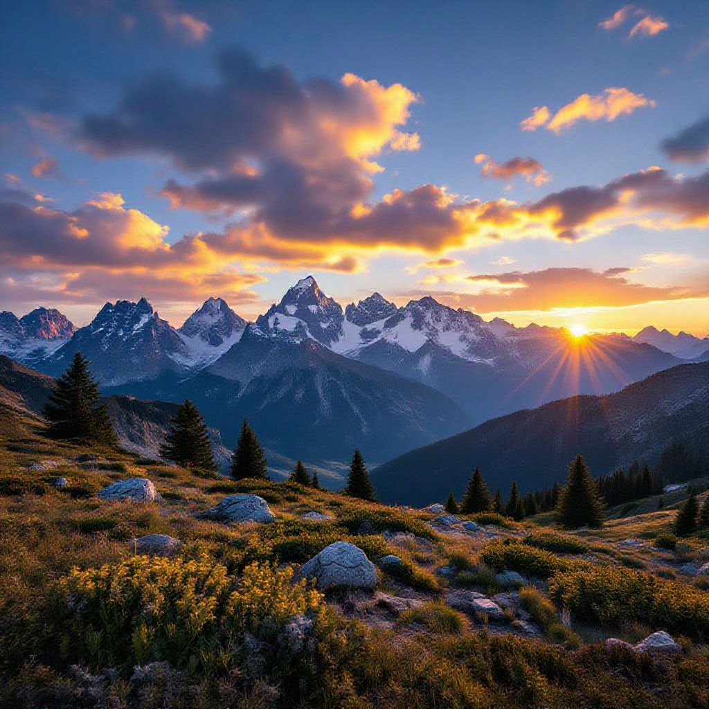 A beautiful sunset over mountains with golden clouds