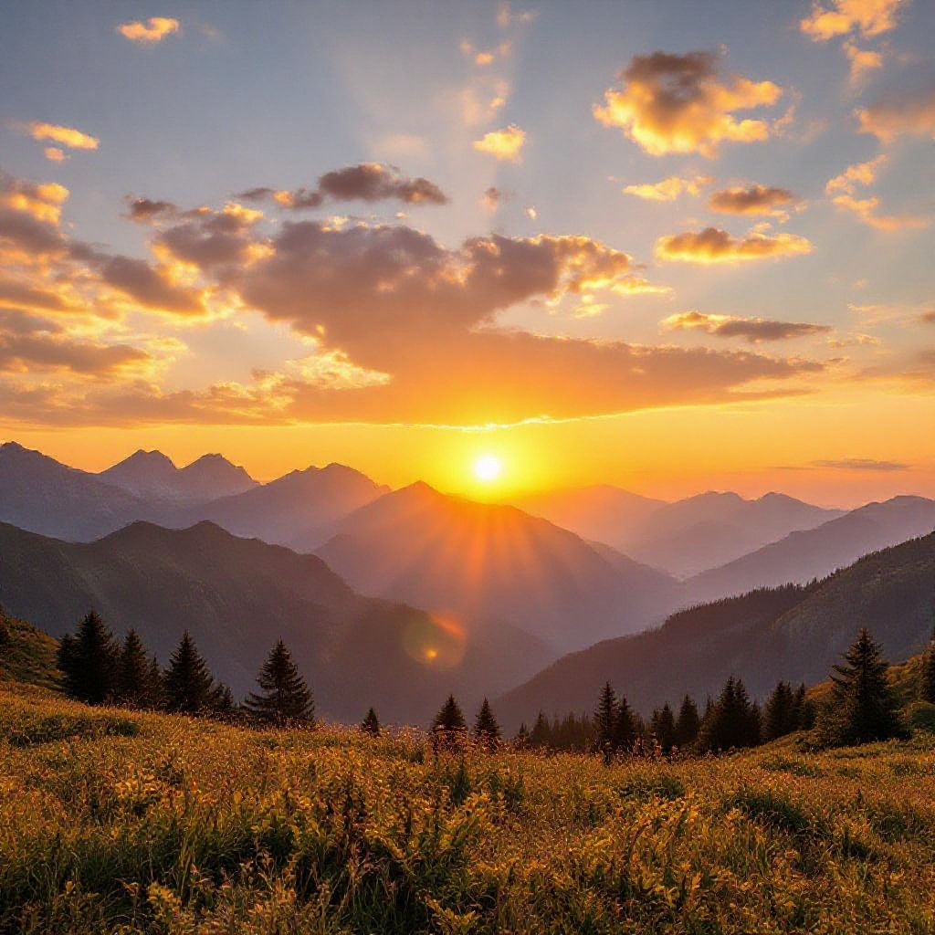 A beautiful sunset over mountains with golden clouds
