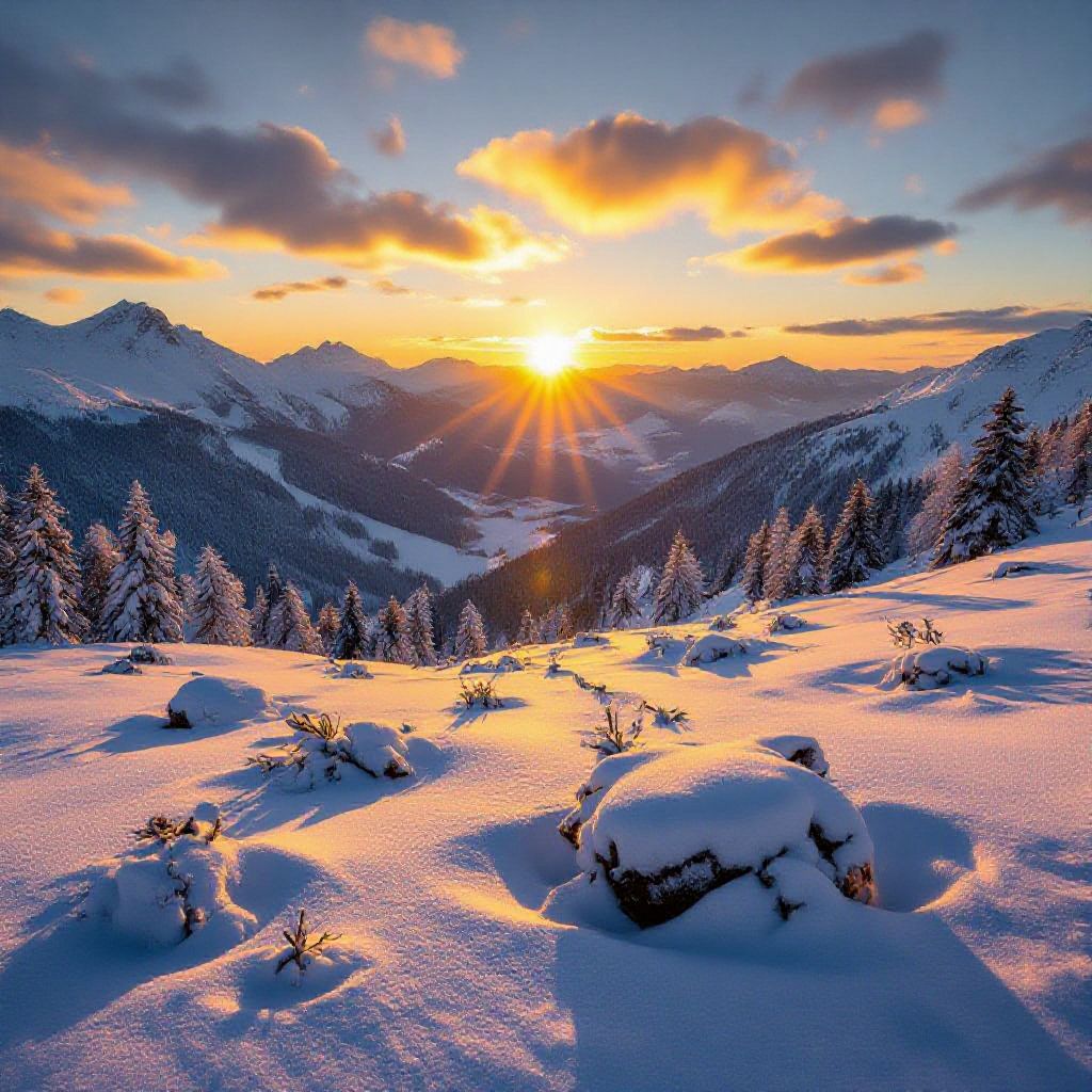 A serene mountain landscape at sunset with golden clouds