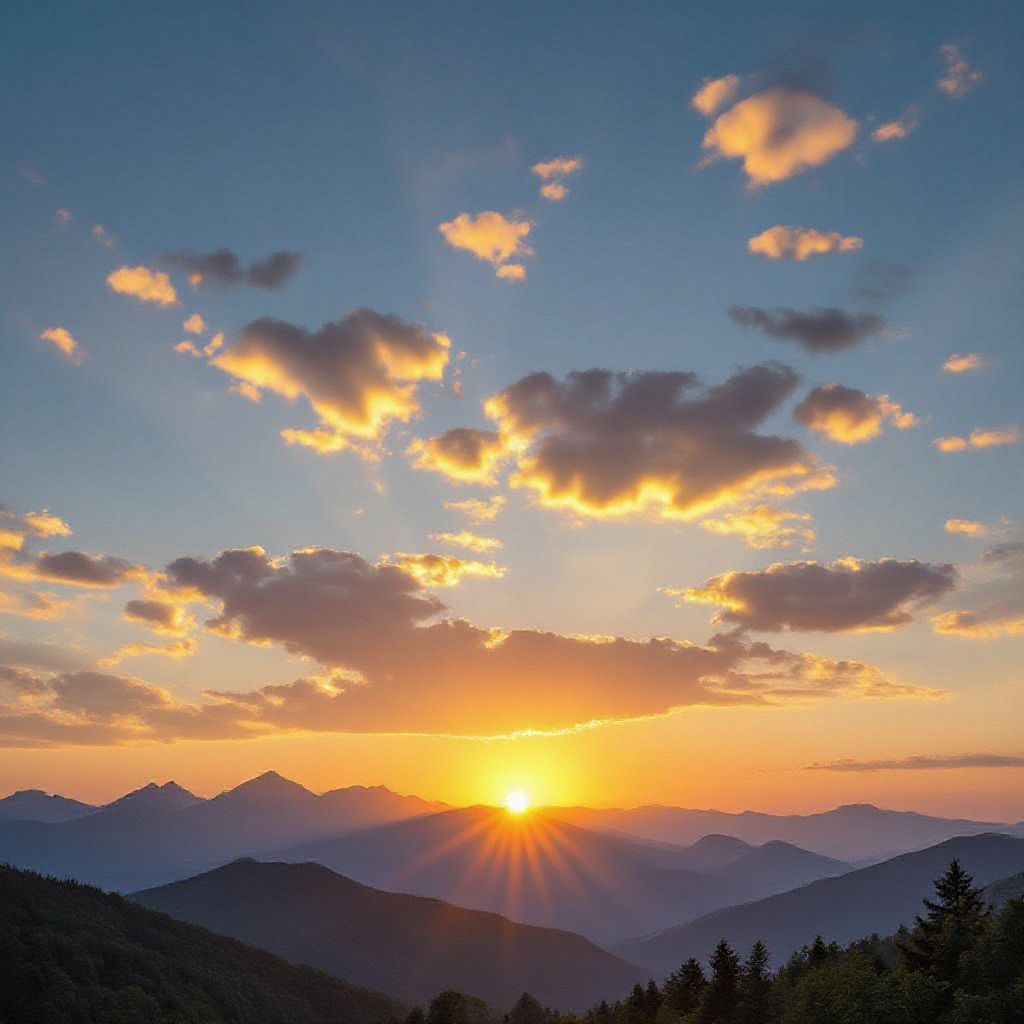 A beautiful sunset over mountains with golden clouds
