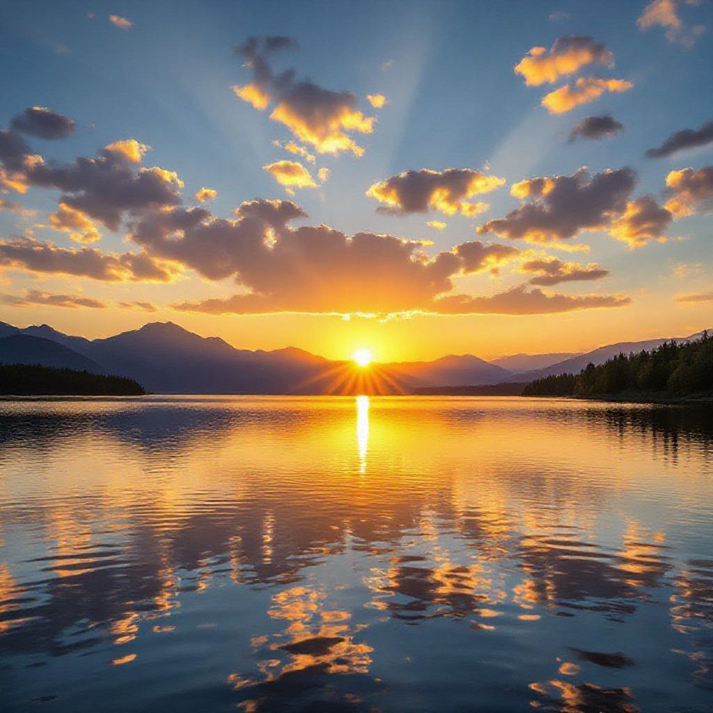 A beautiful sunset over mountains with golden clouds