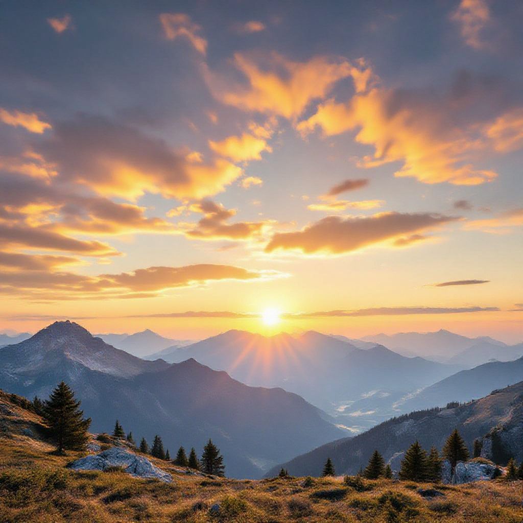 A serene mountain landscape at sunset with golden clouds