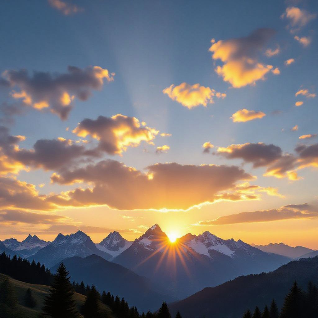 A beautiful sunset over mountains with golden clouds