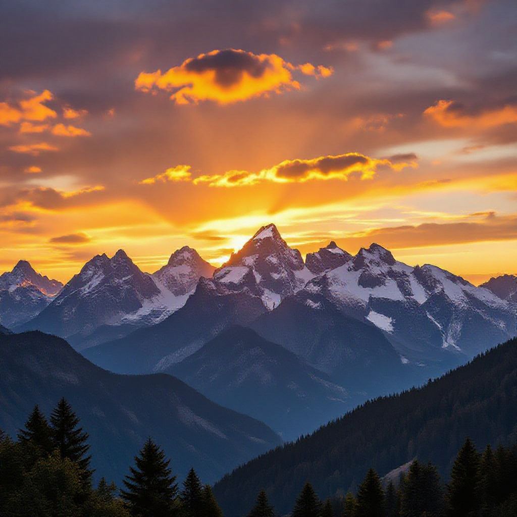 A beautiful sunset over mountains with golden clouds