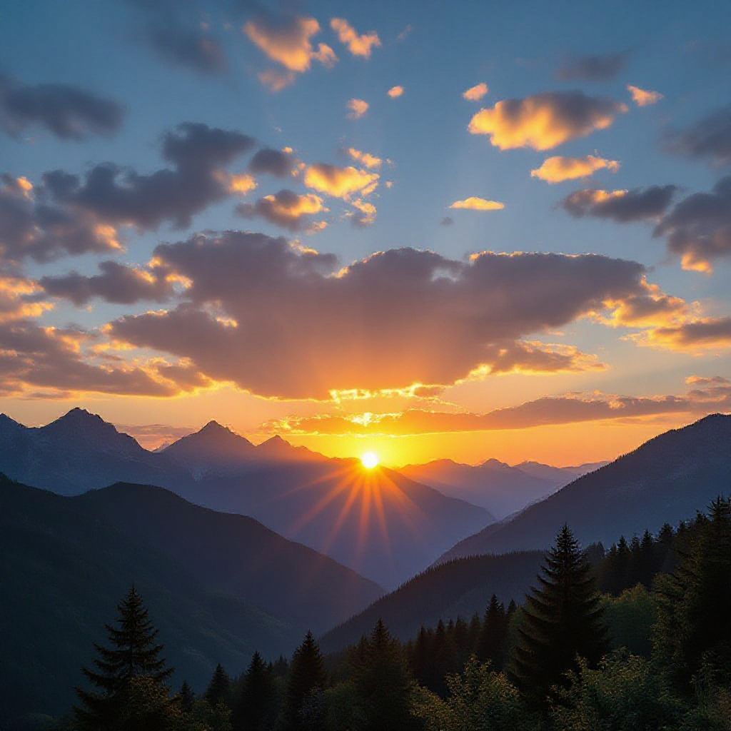 A beautiful sunset over mountains with golden clouds