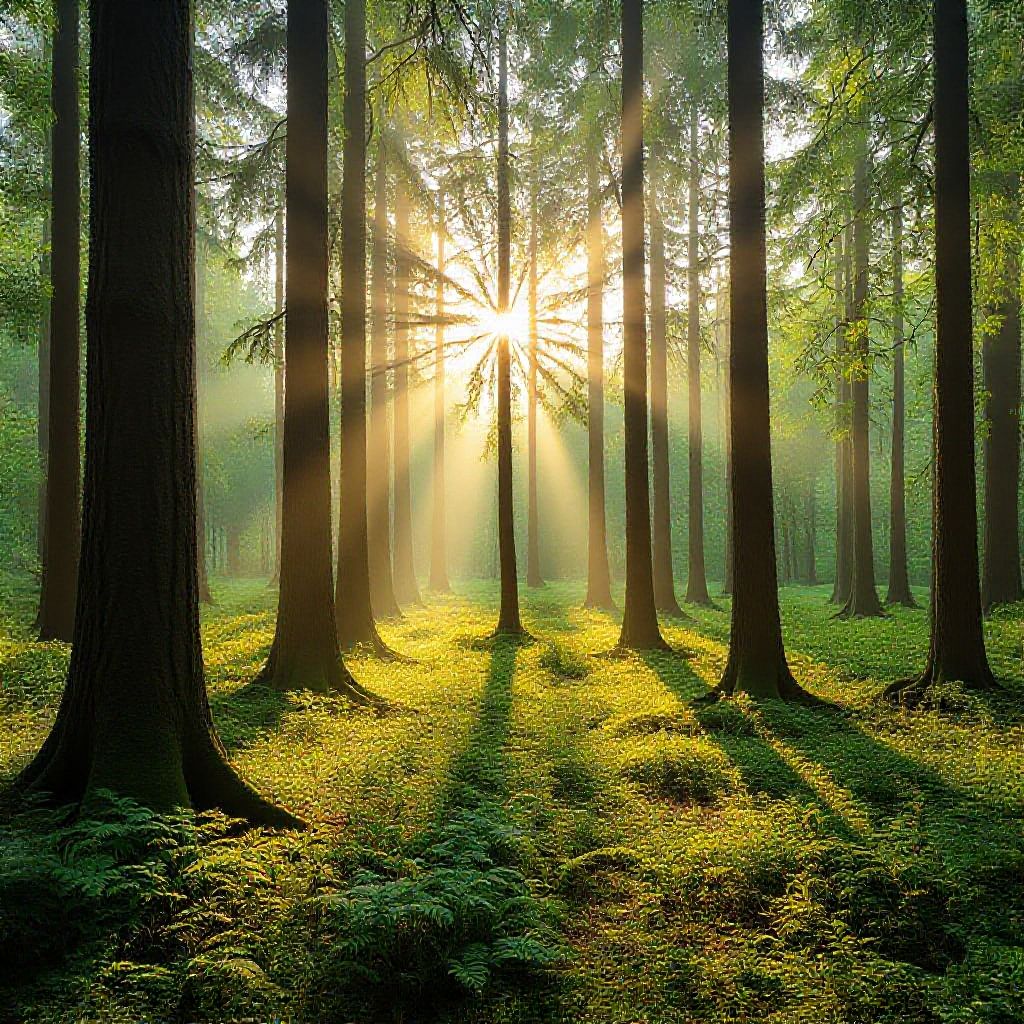 A peaceful forest with sunlight filtering through trees