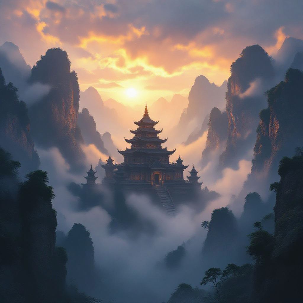 A mystical temple concealed within misty mountain cliffs, low-angle view at golden hour, realistic photography, cinematic lighting, ultra‑detailed, high‑contrast chiaroscuro, vibrant yet muted color palette, anamorphic composition, space for bold title typography, print‑ready poster design, 300 DPI, CMYK, 4K resolution, hyper‑realistic rendering.