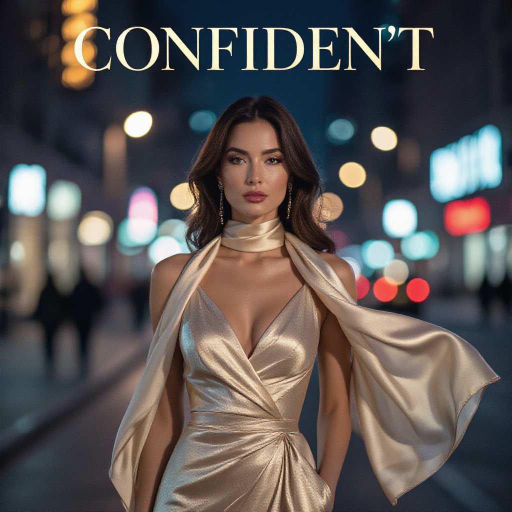 realistic photography, high‑resolution poster design, 300 DPI, CMYK, full bleed, featuring a confident, elegant woman in high‑fashion attire, soft cinematic lighting with dramatic chiaroscuro, subtle gold accents, standing at a slight three‑quarter angle, wind gently lifting a silk scarf, background a blurred urban nightscape with neon bokeh, composition balanced with strong visual hierarchy, bold serif title text at top, tagline in sleek sans‑serif at bottom, glossy finish, IMAX‑quality detail, tasteful and empowering atmosphere.