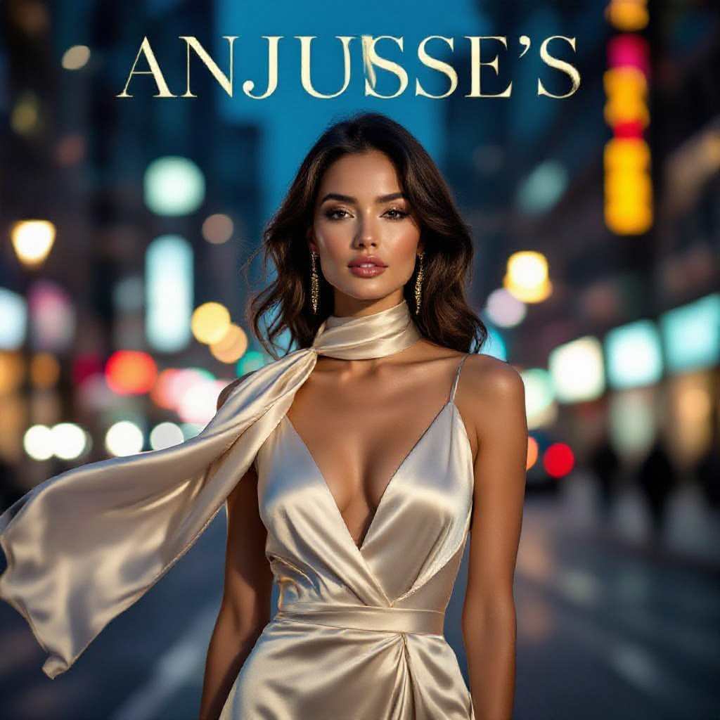 realistic photography, high‑resolution poster design, 300 DPI, CMYK, full bleed, featuring a confident, elegant woman in high‑fashion attire, soft cinematic lighting with dramatic chiaroscuro, subtle gold accents, standing at a slight three‑quarter angle, wind gently lifting a silk scarf, background a blurred urban nightscape with neon bokeh, composition balanced with strong visual hierarchy, bold serif title text at top, tagline in sleek sans‑serif at bottom, glossy finish, IMAX‑quality detail, tasteful and empowering atmosphere.