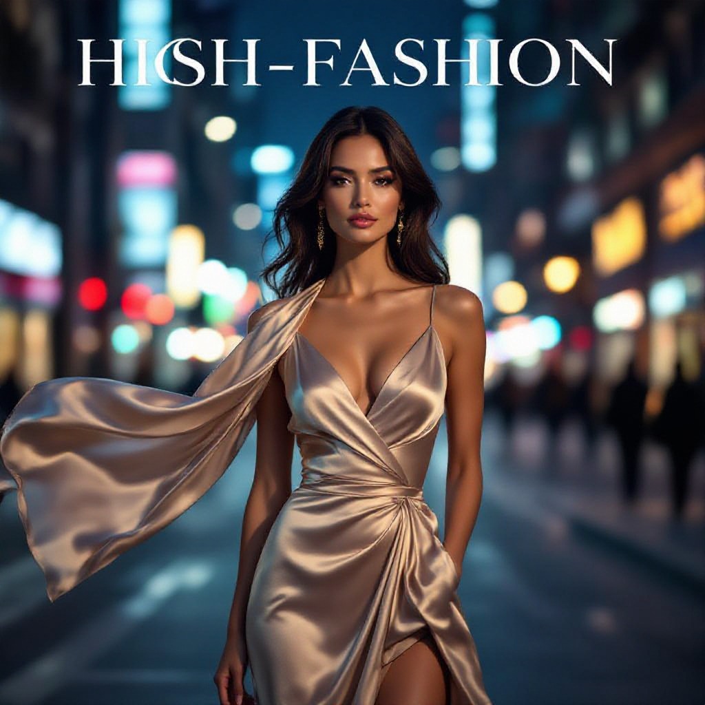 realistic photography, high‑resolution poster design, 300 DPI, CMYK, full bleed, featuring a confident, elegant woman in high‑fashion attire, soft cinematic lighting with dramatic chiaroscuro, subtle gold accents, standing at a slight three‑quarter angle, wind gently lifting a silk scarf, background a blurred urban nightscape with neon bokeh, composition balanced with strong visual hierarchy, bold serif title text at top, tagline in sleek sans‑serif at bottom, glossy finish, IMAX‑quality detail, tasteful and empowering atmosphere.